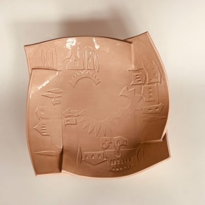 Dish with impressed designs / buff stoneware / approx 300mm square