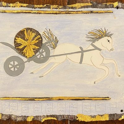 Chariot of the Sun wall plaque. Porcelain with gold leaf.