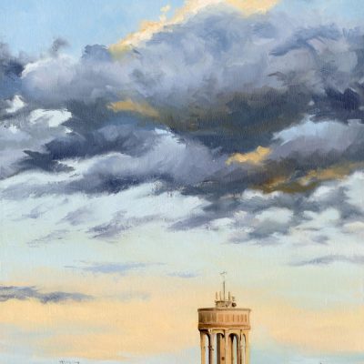 Tilehurst Water Tower, early February evening / Oil on canvas board / 41cm x 51cm